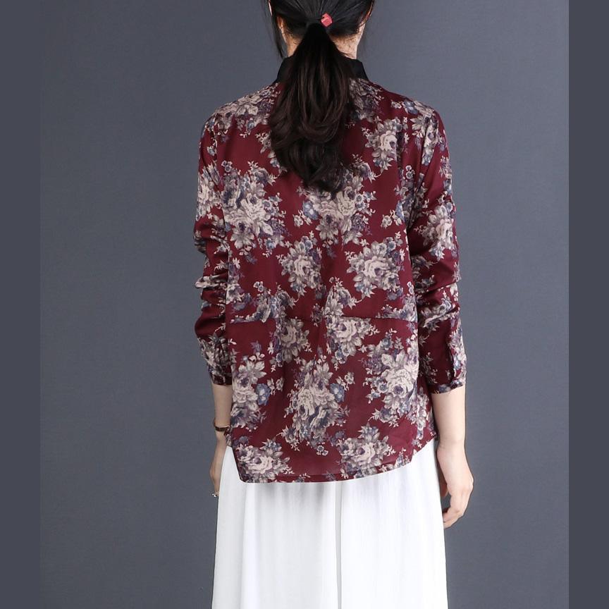 Women lapel cotton Shirts Organic Outfits burgundy floral box blouse - Omychic