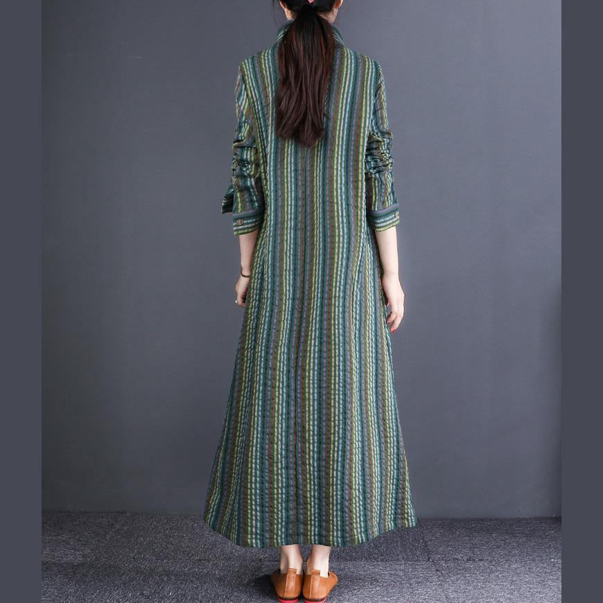 Women lapel linen cotton Robes Korea Tunic Tops green striped cotton Dresses - Omychic