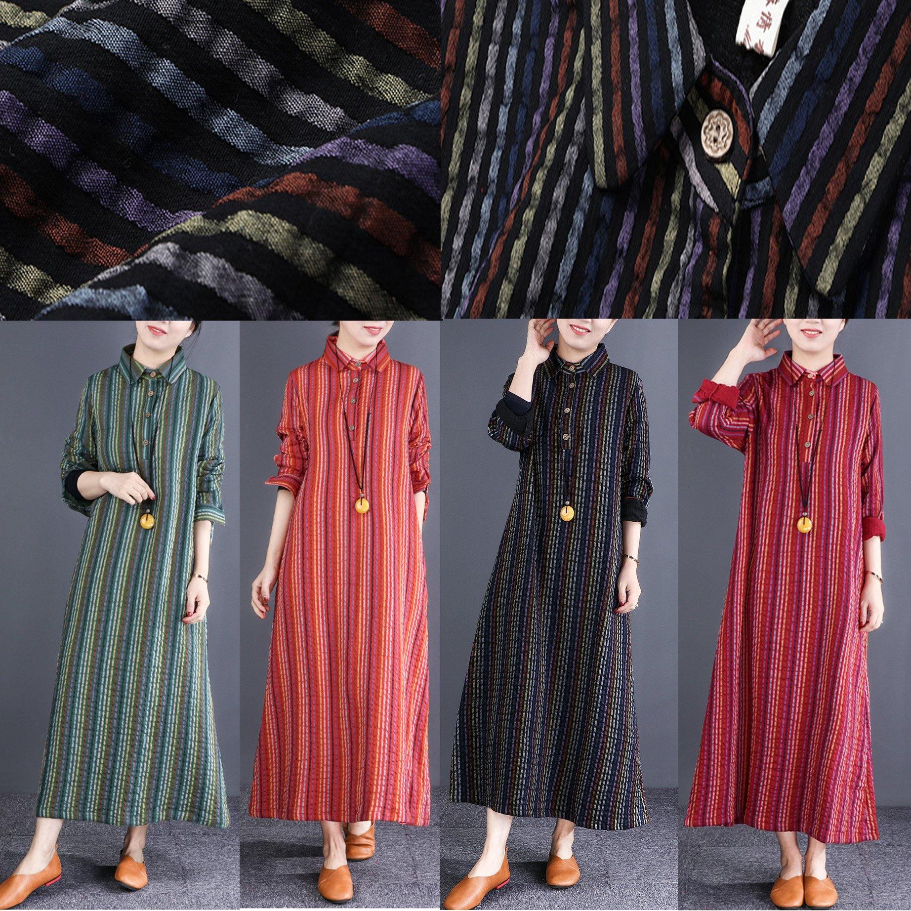 Women lapel linen cotton Robes Korea Tunic Tops green striped cotton Dresses - Omychic