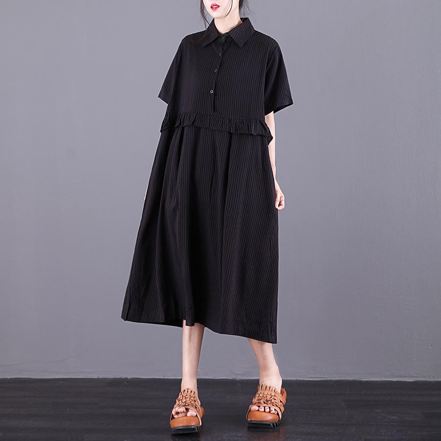 Women lapel patchwork cotton tunics for Sewing black striped Dress summer - Omychic