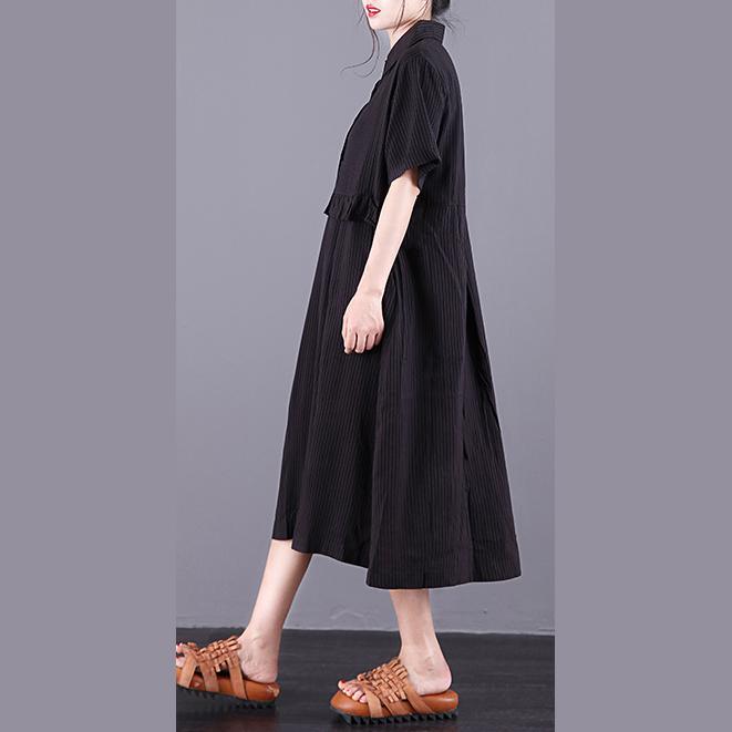 Women lapel patchwork cotton tunics for Sewing black striped Dress summer - Omychic