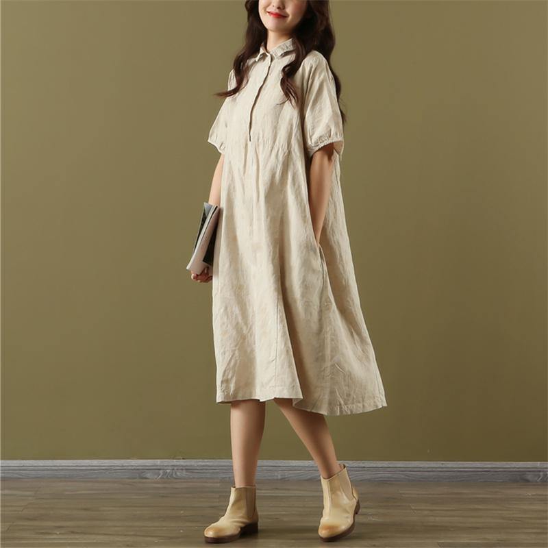 Women lapel pockets linen clothes For Women Shirts nude dotted Dresses summer - Omychic