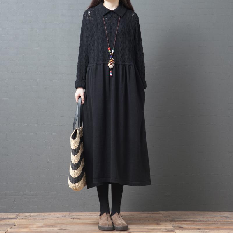 Women lapel wrinkled Sweater dress outfit Beautiful black DIY knit dresses - Omychic