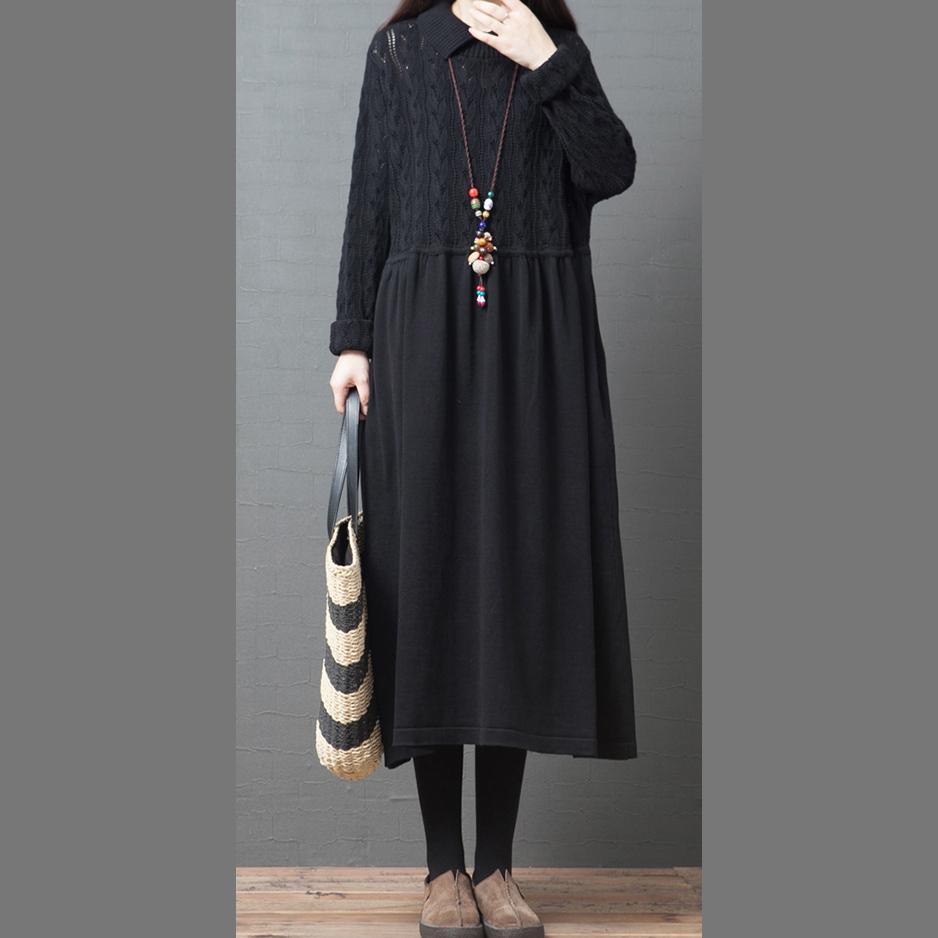 Women lapel wrinkled Sweater dress outfit Beautiful black DIY knit dresses - Omychic
