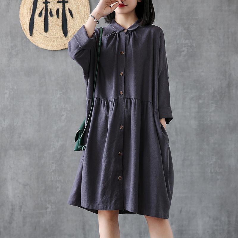 Women lapel wrinkled linen cotton Tunic Outfits gray Dresses - Omychic