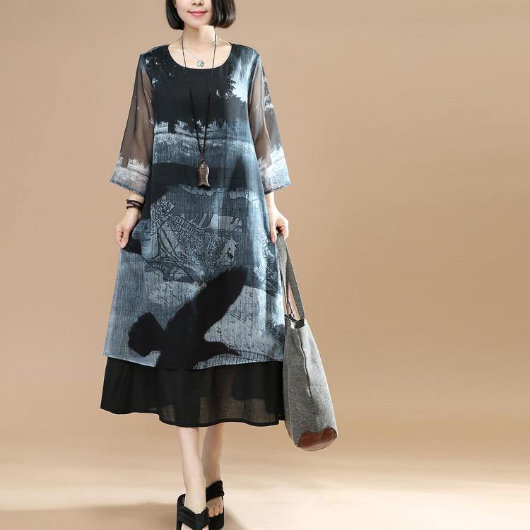 Women layered silk dress Sleeve black prints silk Dresses summer - Omychic