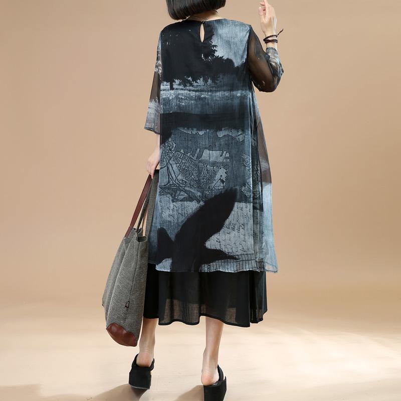 Women layered silk dress Sleeve black prints silk Dresses summer - Omychic