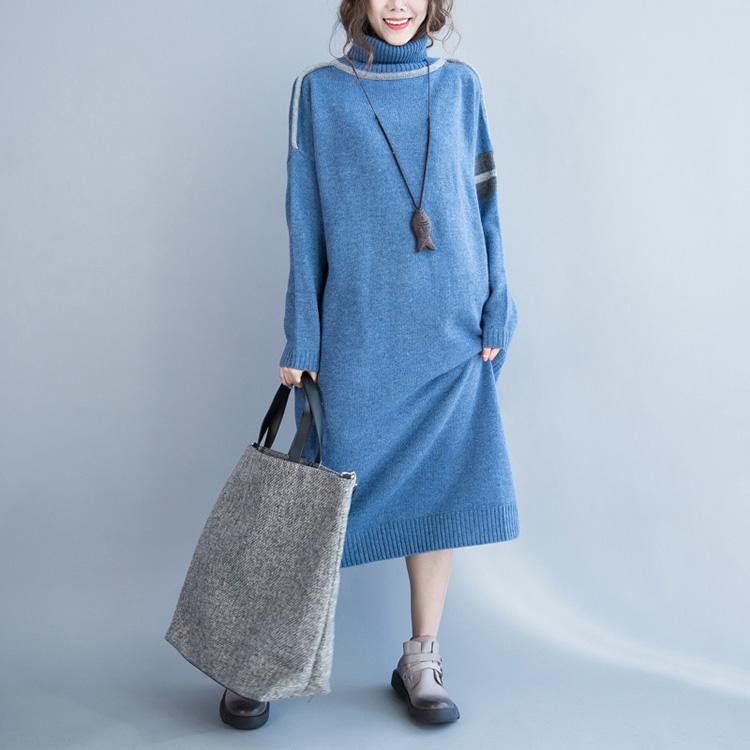 Women light blue Sweater weather Beautiful high neck long sleeve oversized knit dress fall - Omychic