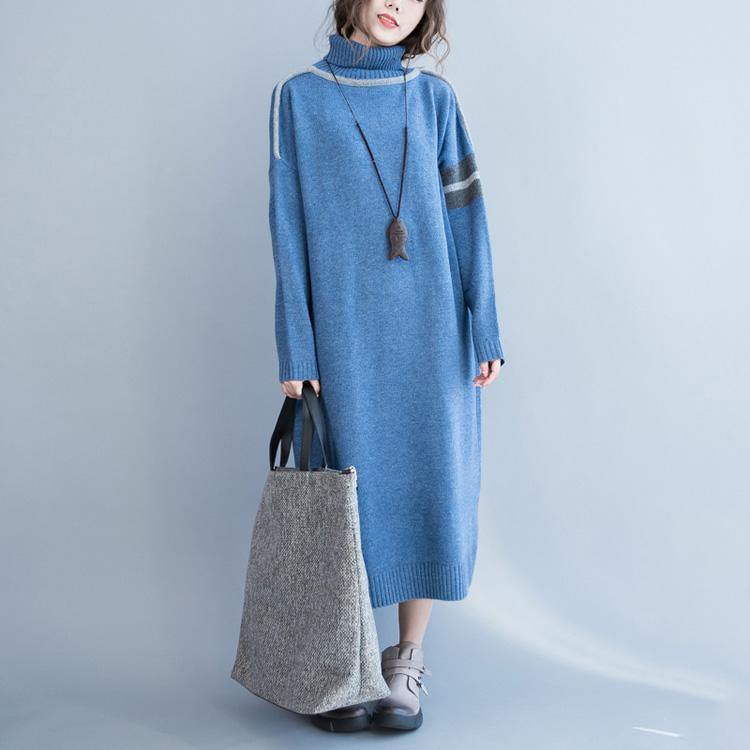 Women light blue Sweater weather Beautiful high neck long sleeve oversized knit dress fall - Omychic