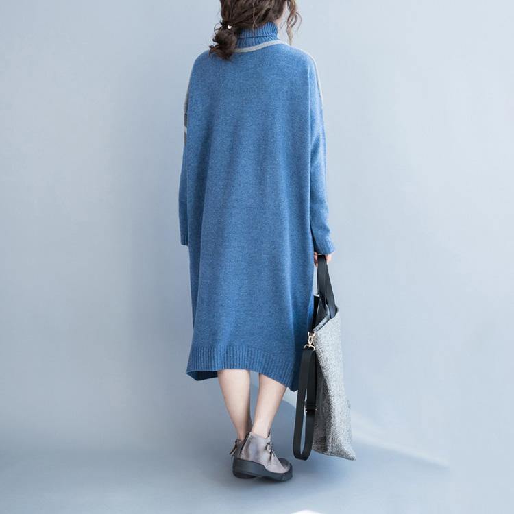 Women light blue Sweater weather Beautiful high neck long sleeve oversized knit dress fall - Omychic