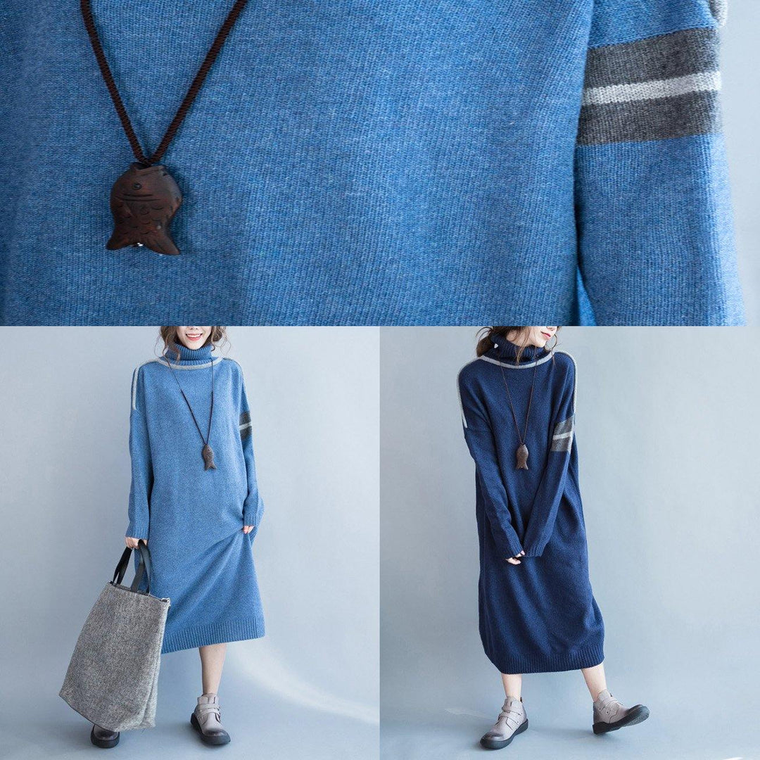Women light blue Sweater weather Beautiful high neck long sleeve oversized knit dress fall - Omychic