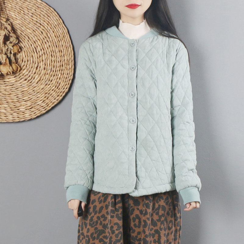 Women light blue cotton clothes Work o neck Button Down thick winter tops - Omychic