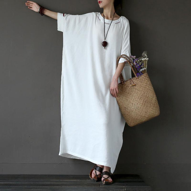 Women linen Robes Vintage o neck Inspiration white embroidery Batwing Sleeve Dress - Omychic