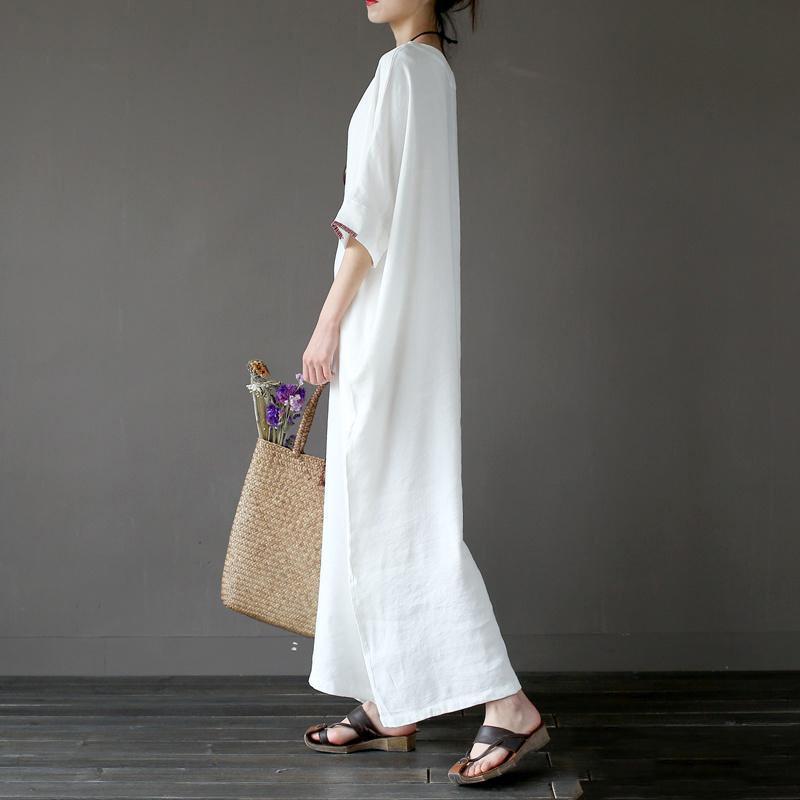 Women linen Robes Vintage o neck Inspiration white embroidery Batwing Sleeve Dress - Omychic