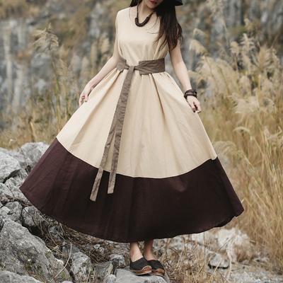 Women linen Vintage Solid Color clothes  stylish Casual Sleeveless Dress - Omychic