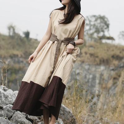 Women linen Vintage Solid Color clothes  stylish Casual Sleeveless Dress - Omychic
