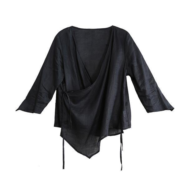 Women linen box top top quality Summer Lace-Up Irregular Three Quarter Sleeve Shirt - Omychic
