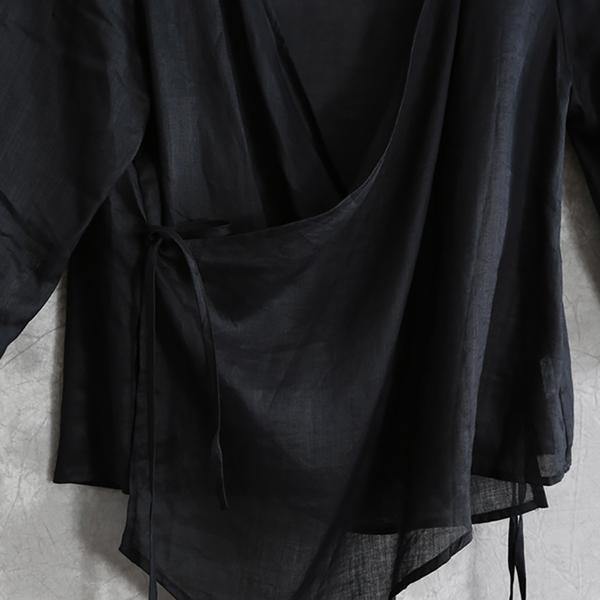 Women linen box top top quality Summer Lace-Up Irregular Three Quarter Sleeve Shirt - Omychic