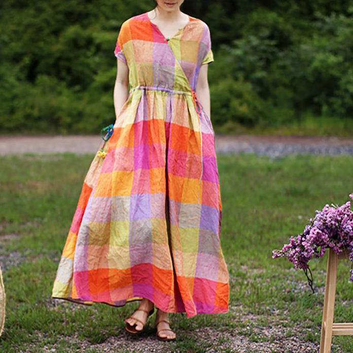 Women linen clothes Fashion Linen V-Neck Plaid Short Sleeve Drawstring Dress - Omychic