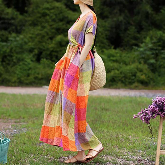Women linen clothes Fashion Linen V-Neck Plaid Short Sleeve Drawstring Dress - Omychic