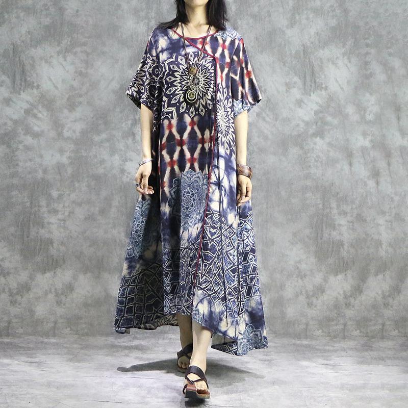Women linen clothes For Women stylish Vintage Round Neck Print Spliced Irregular Dress - Omychic