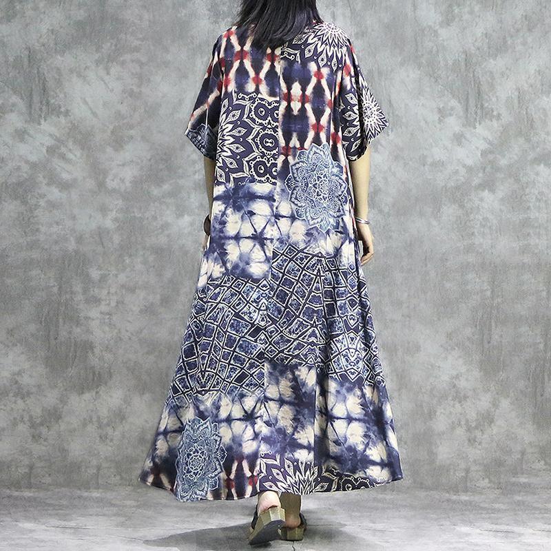 Women linen clothes For Women stylish Vintage Round Neck Print Spliced Irregular Dress - Omychic
