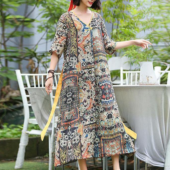 Women linen dresses plus size Loose Print Vintage Floral Dress ( Limited Stock) - Omychic