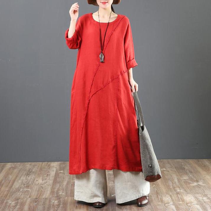 Women linen dresses red Vintage Casual Long Sleeve Spliced Women Dress - Omychic