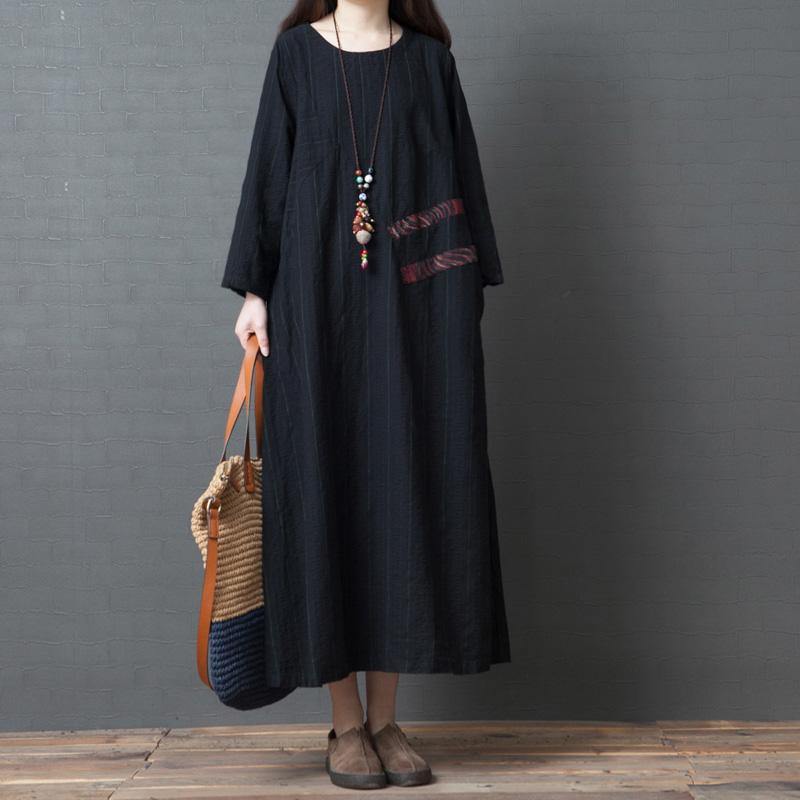 Women long sleeve cotton clothes Plus Size Outfits black Maxi Dress o neck - Omychic