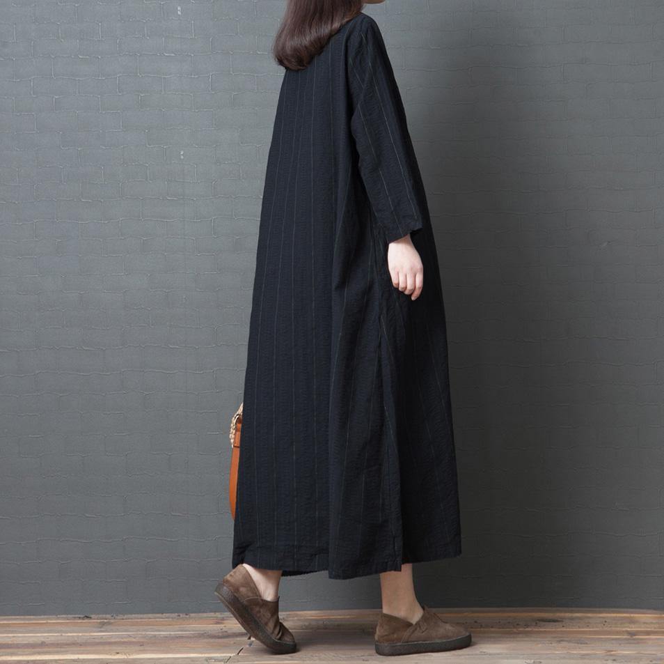 Women long sleeve cotton clothes Plus Size Outfits black Maxi Dress o neck - Omychic