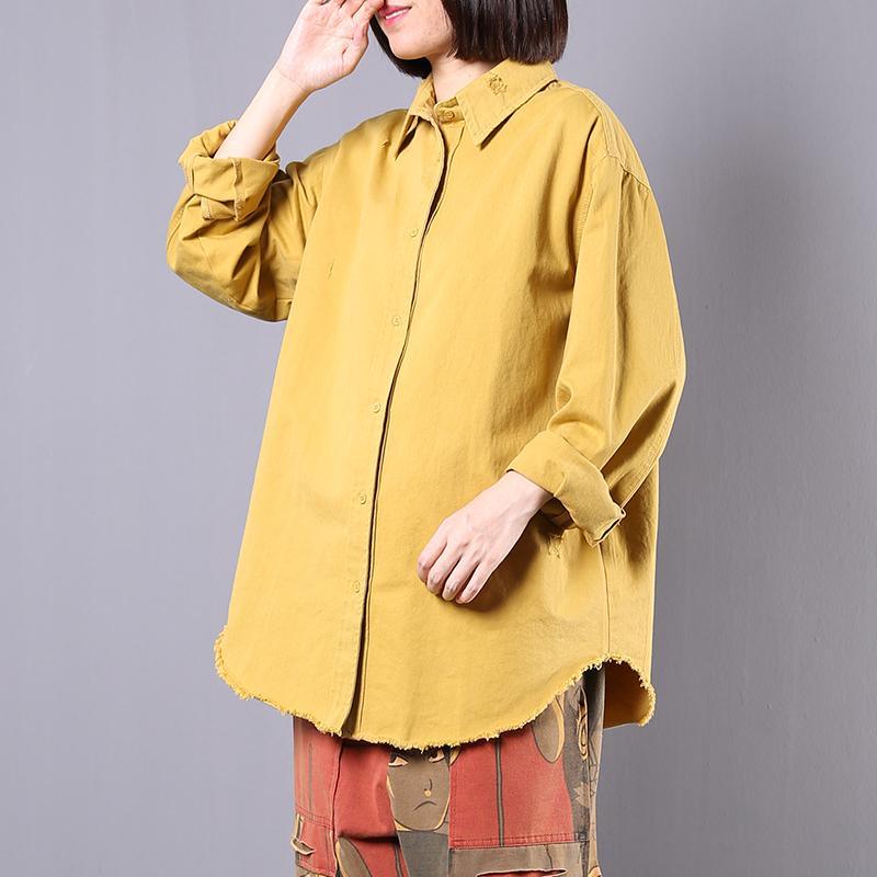 Women long sleeve cotton clothes Sleeve yellow lapel collar blouses fall - Omychic