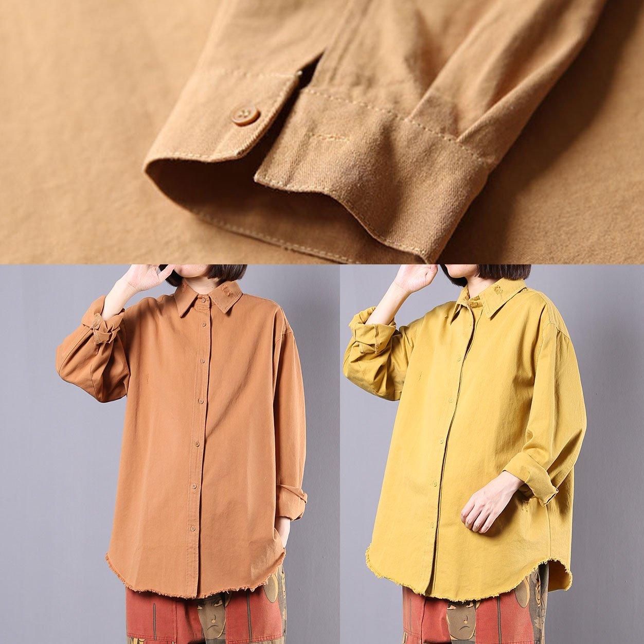 Women long sleeve cotton clothes Sleeve yellow lapel collar blouses fall - Omychic