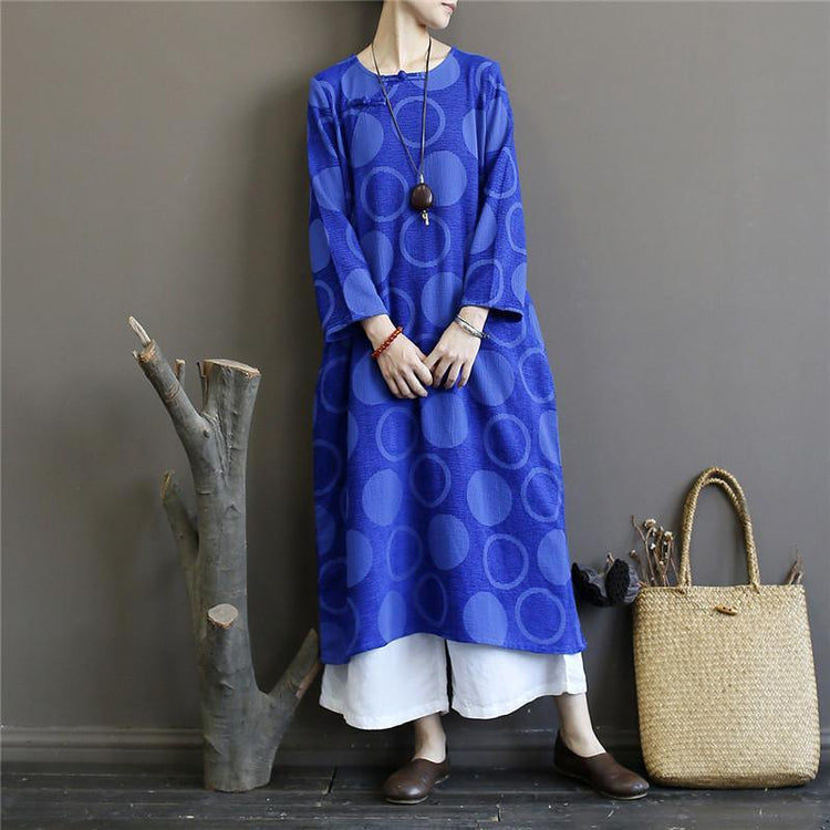 Women long sleeve cotton spring tunic top Sewing blue Vestidos De Lino Dress - Omychic