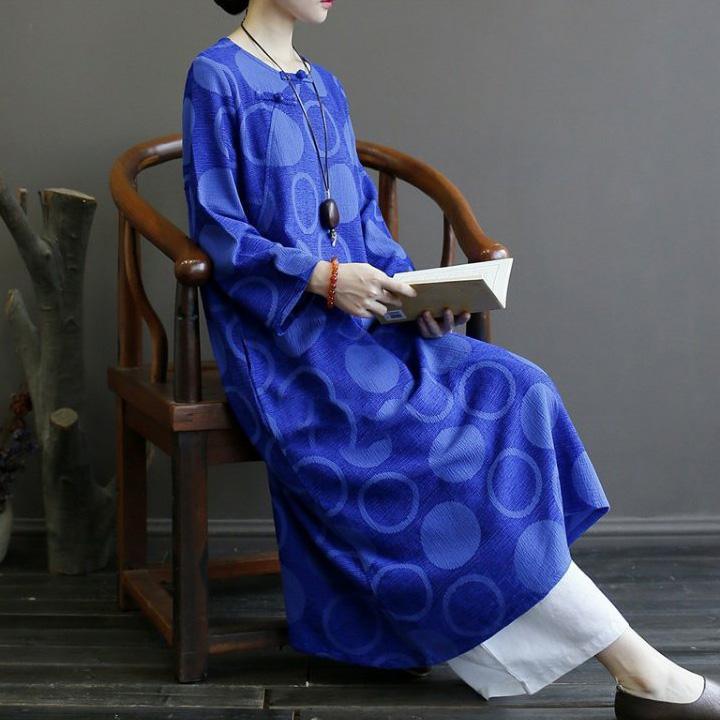 Women long sleeve cotton spring tunic top Sewing blue Vestidos De Lino Dress - Omychic