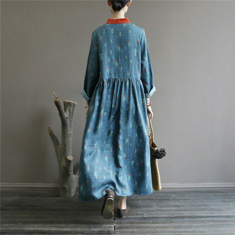 Women long sleeve linen cotton patchwork stand collar Wardrobes Tunic Tops blue floral Dress - Omychic