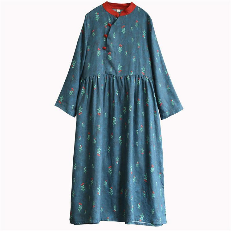 Women long sleeve linen cotton patchwork stand collar Wardrobes Tunic Tops blue floral Dress - Omychic