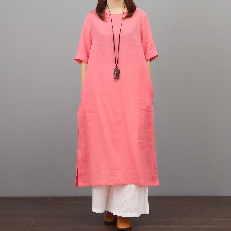 Women loose waist linen tunic top Outfits dark pink loose Dress summer - Omychic