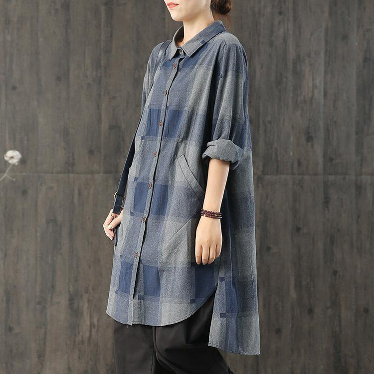 Women low high design cotton Tunic Shape blue plaid tops fall - Omychic