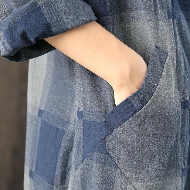 Women low high design cotton Tunic Shape blue plaid tops fall - Omychic