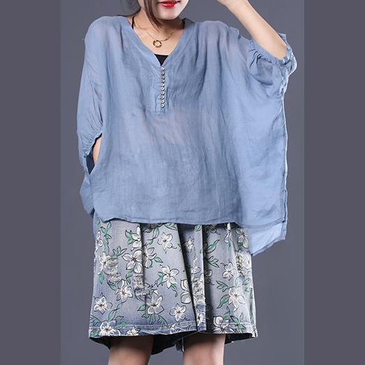 Women low high design linen tunic pattern Tutorials light blue v neck blouse summer - Omychic