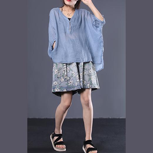 Women low high design linen tunic pattern Tutorials light blue v neck blouse summer - Omychic