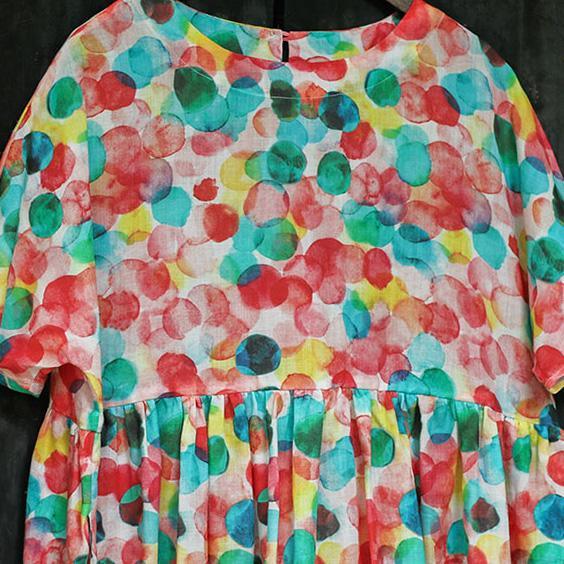 Women Multicolor Dotted Linen Dresses Top Quality Wardrobes O Neck Pockets Traveling Summer Dresses - Omychic