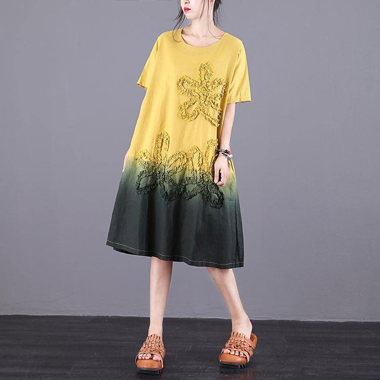 Women o neck Appliques Cotton clothes For Women Tutorials yellow Dress summer - Omychic