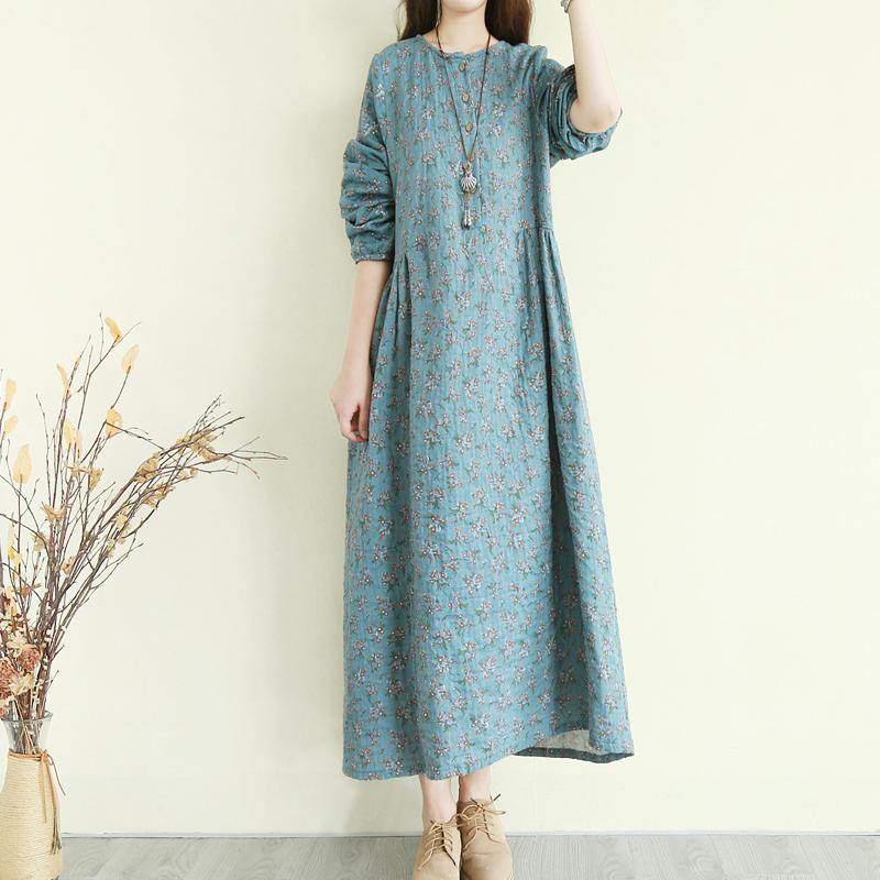 Women O Neck Button Down Cotton Dress Top Quality Sleeve Blue Floral Maxi Dresses - Omychic