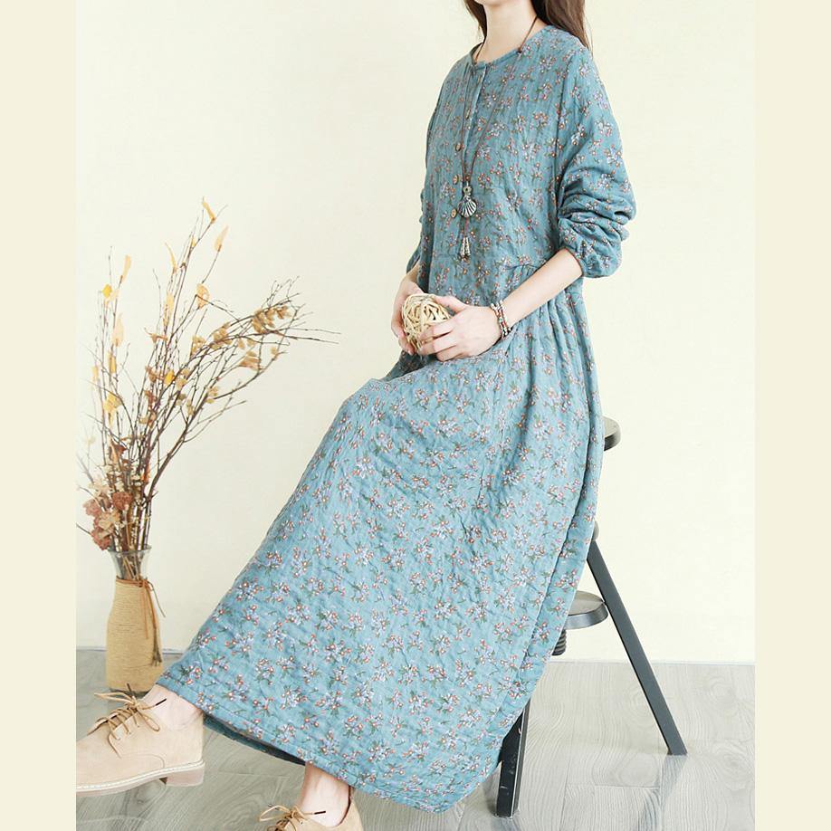 Women O Neck Button Down Cotton Dress Top Quality Sleeve Blue Floral Maxi Dresses - Omychic