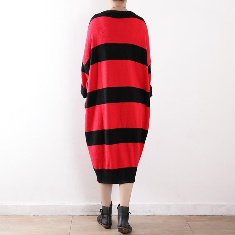 Women o neck Sweater outfits Quotes red striped baggy knit top fall - Omychic