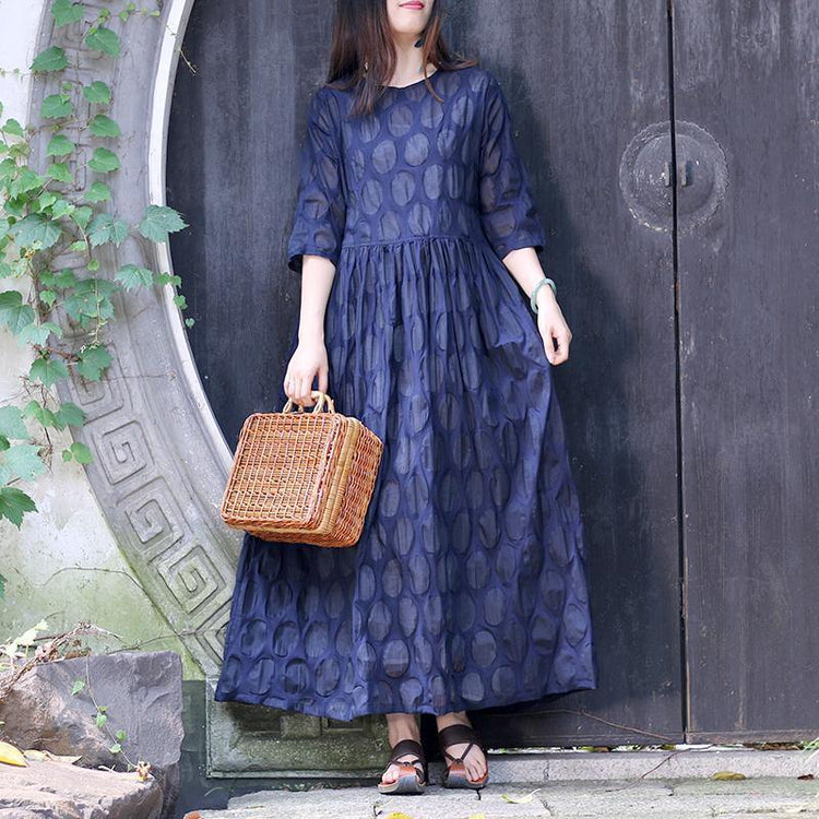 Women o neck Three Quarter sleeve cotton dresses 2019 design navy dotted cotton Dress Summer - Omychic