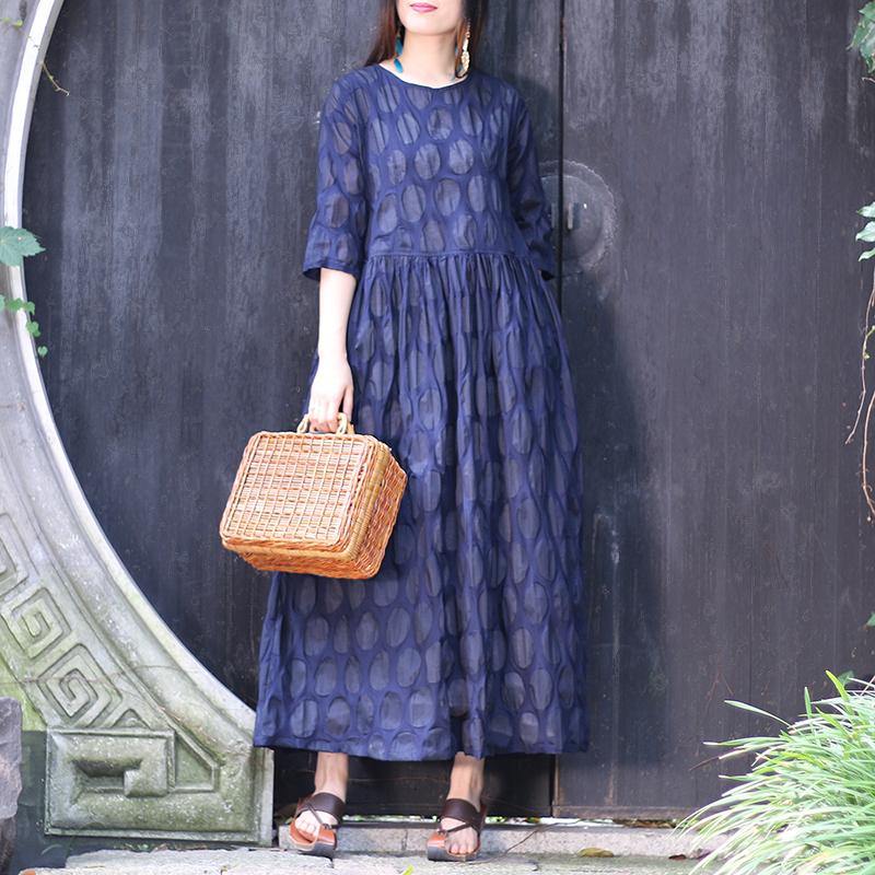 Women o neck Three Quarter sleeve cotton dresses 2019 design navy dotted cotton Dress Summer - Omychic