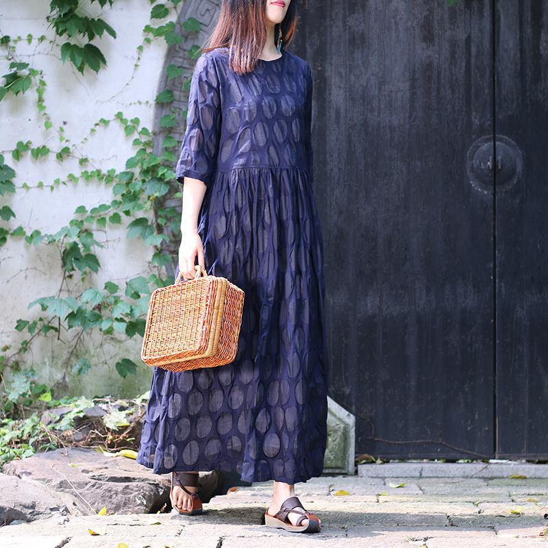 Women o neck Three Quarter sleeve cotton dresses 2019 design navy dotted cotton Dress Summer - Omychic