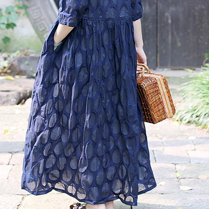 Women o neck Three Quarter sleeve cotton dresses 2019 design navy dotted cotton Dress Summer - Omychic